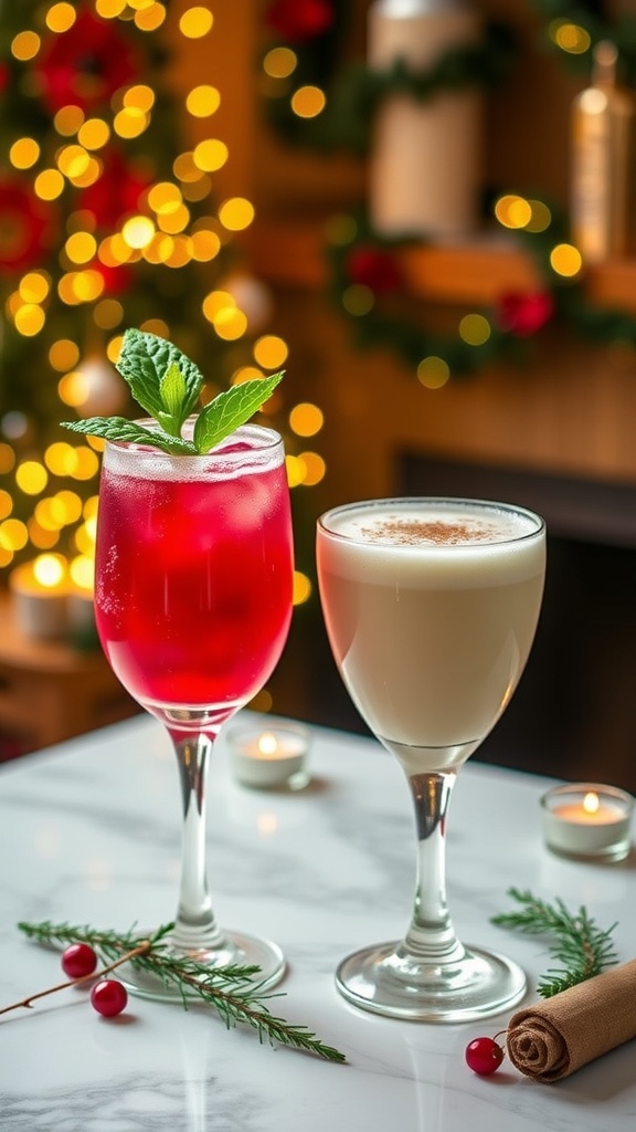 Two low carb Christmas cocktails, a cranberry lime spritzer and a coconut cream cocktail, decorated with mint and cinnamon, on a festive table.